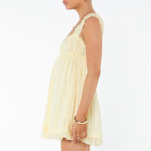 Women Sleeveless Mini Sundress Floral Embroidery Elastic Waist Aline Dress Square Neck Babydoll Short Dress