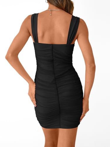 Womens Mini Mesh Square Neck Fitted Going Out Ruched Dresses Summer Party Club Bodycon Short Dress