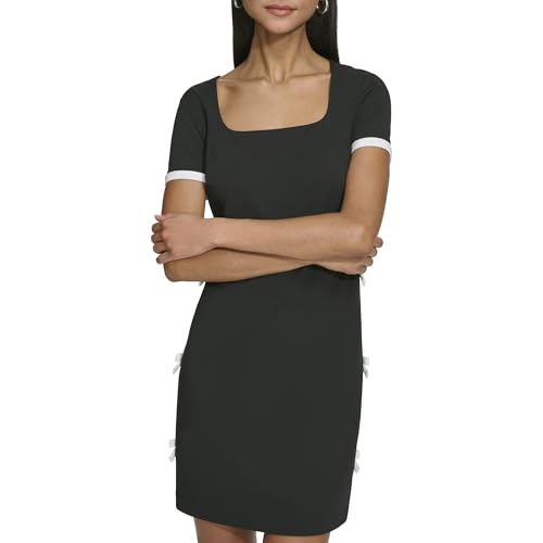 Women's Short Sleeve Square Neck Bow Embellished Shift Mini Dress