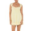 Women Sleeveless Mini Sundress Floral Embroidery Elastic Waist Aline Dress Square Neck Babydoll Short Dress