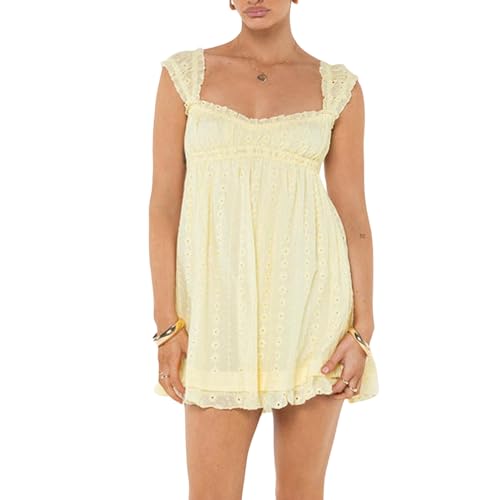 Women Sleeveless Mini Sundress Floral Embroidery Elastic Waist Aline Dress Square Neck Babydoll Short Dress