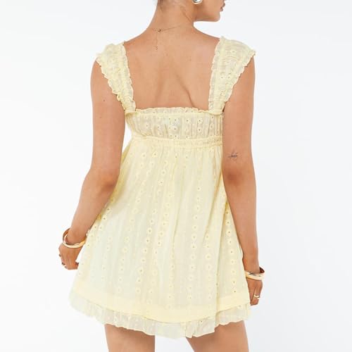 Women Sleeveless Mini Sundress Floral Embroidery Elastic Waist Aline Dress Square Neck Babydoll Short Dress