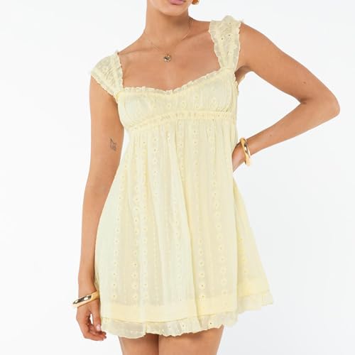 Women Sleeveless Mini Sundress Floral Embroidery Elastic Waist Aline Dress Square Neck Babydoll Short Dress