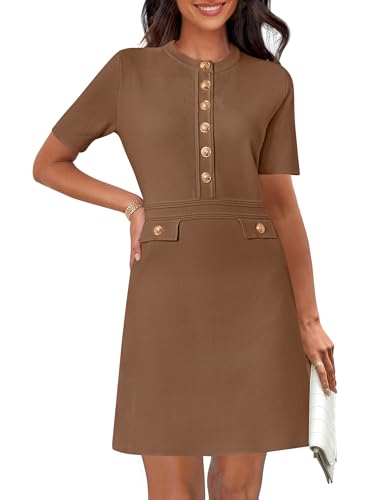 Women's Knit Bodycon Sweater Dress Button Short Sleeve Crew Neck Elegant Formal Mini Dress