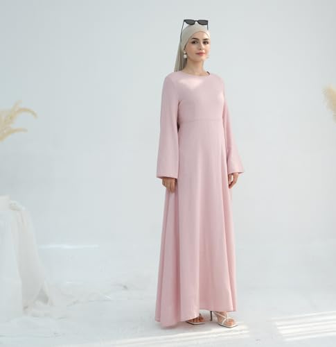 Hanimeli Linen Long Sleeve Maxi Dress A-Line Modest Abaya for Summer and Spring Lightweight Breathable Dress