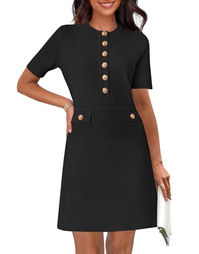 Women's Knit Bodycon Sweater Dress Button Short Sleeve Crew Neck Elegant Formal Mini Dress