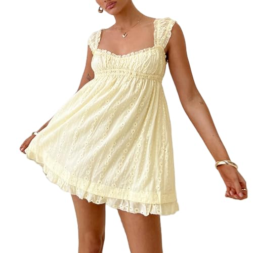 Women Sleeveless Mini Sundress Floral Embroidery Elastic Waist Aline Dress Square Neck Babydoll Short Dress