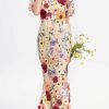 Women's 3D Floral Short Sleeves Crew Neck Fishtail Mesh Embroidery Party Cocktail Maxi Dress