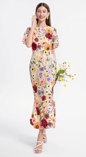 Women's 3D Floral Short Sleeves Crew Neck Fishtail Mesh Embroidery Party Cocktail Maxi Dress