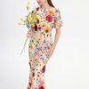 Women's 3D Floral Short Sleeves Crew Neck Fishtail Mesh Embroidery Party Cocktail Maxi Dress