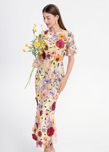 Women's 3D Floral Short Sleeves Crew Neck Fishtail Mesh Embroidery Party Cocktail Maxi Dress