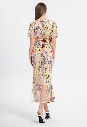 Women's 3D Floral Short Sleeves Crew Neck Fishtail Mesh Embroidery Party Cocktail Maxi Dress