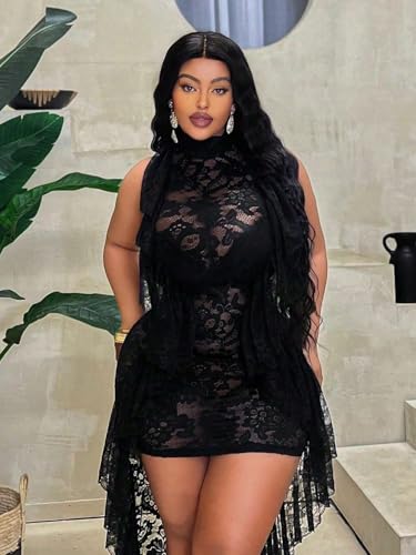 Women's short sleeve dress Sleeveless Sexy High Stretch Lace Mini Dress