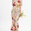 Women's 3D Floral Short Sleeves Crew Neck Fishtail Mesh Embroidery Party Cocktail Maxi Dress