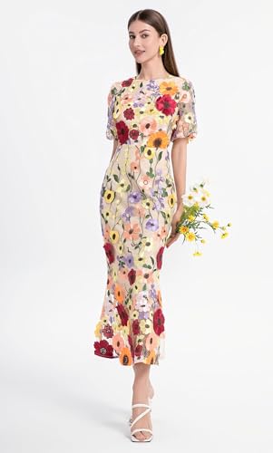 Women's 3D Floral Short Sleeves Crew Neck Fishtail Mesh Embroidery Party Cocktail Maxi Dress