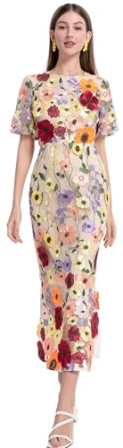 Women's 3D Floral Short Sleeves Crew Neck Fishtail Mesh Embroidery Party Cocktail Maxi Dress