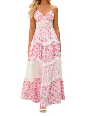 Women Floral Maxi Dress Spaghetti Strap V Neck Patchwork Bohemian Flowy Dresses Summer Fall