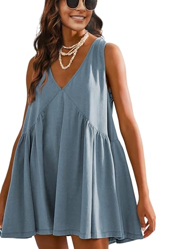 Womens Summer Sleeveless Mini Dress Casual Loose V Neck Sundress with Pockets