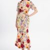 Women's 3D Floral Short Sleeves Crew Neck Fishtail Mesh Embroidery Party Cocktail Maxi Dress