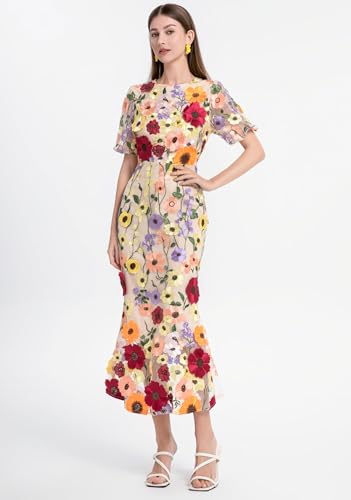 Women's 3D Floral Short Sleeves Crew Neck Fishtail Mesh Embroidery Party Cocktail Maxi Dress
