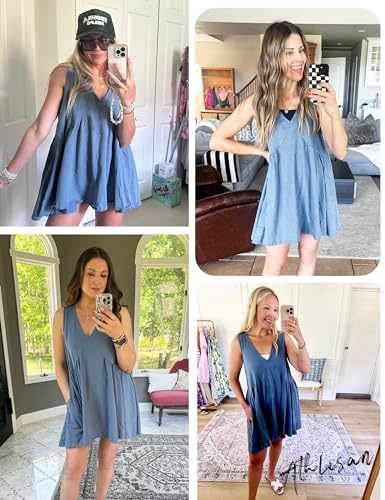 Womens Summer Sleeveless Mini Dress Casual Loose V Neck Sundress with Pockets