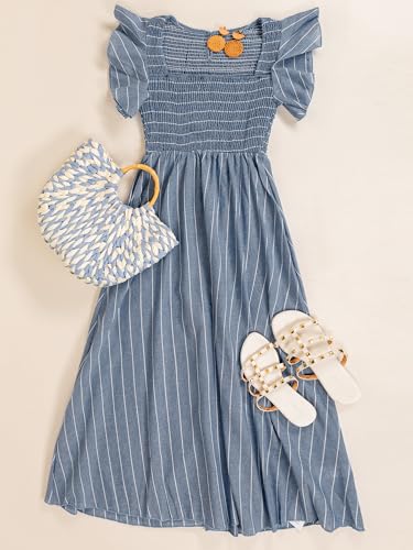 Women's Summer Dress Square Neck Striped Smocked Dress Ruffled Cap Sleeves Dress A Line Maxi Formal Dress
